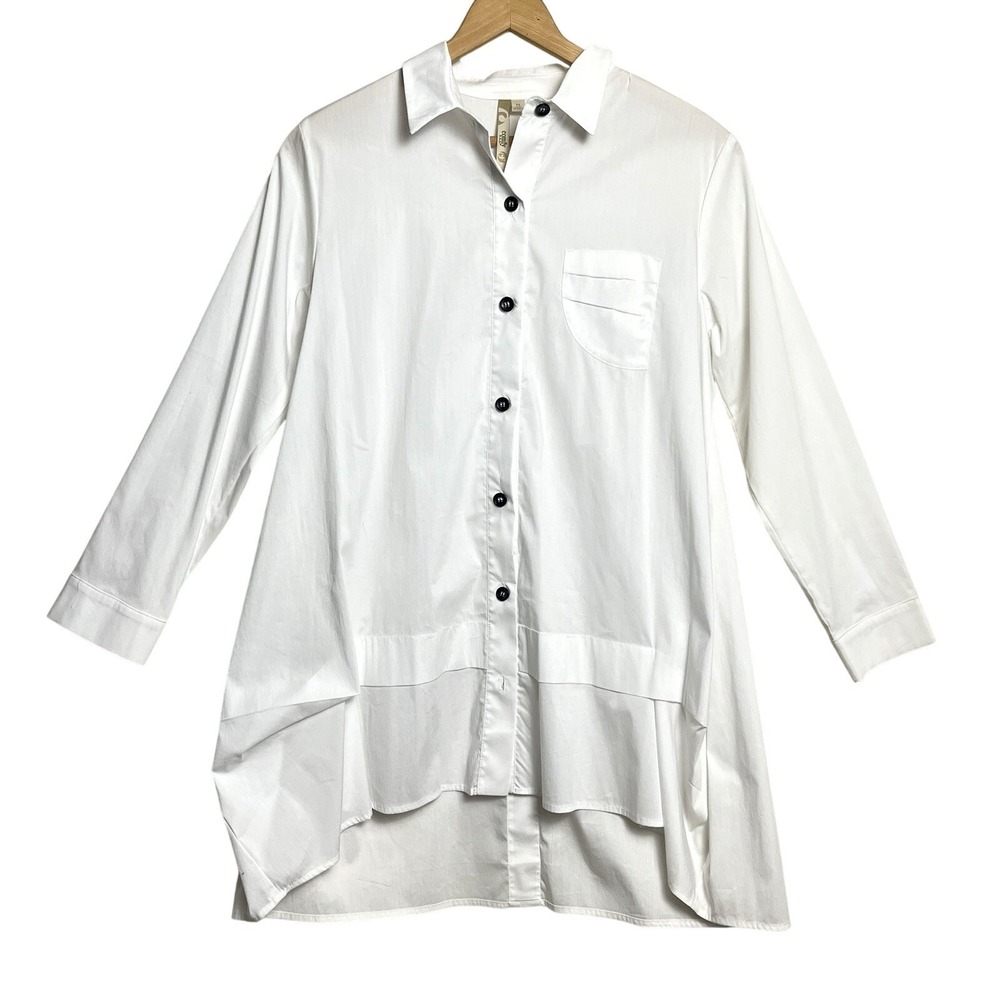 Comfy USA White Button Down Shirt Lagenlook Size M Lantern Hem Cotton‎ Blend